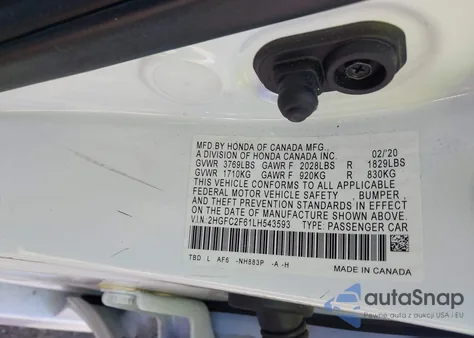 2020 Honda Civic Lx z USA, uszkodzony, nr VIN 2HGFC2F61LH543593